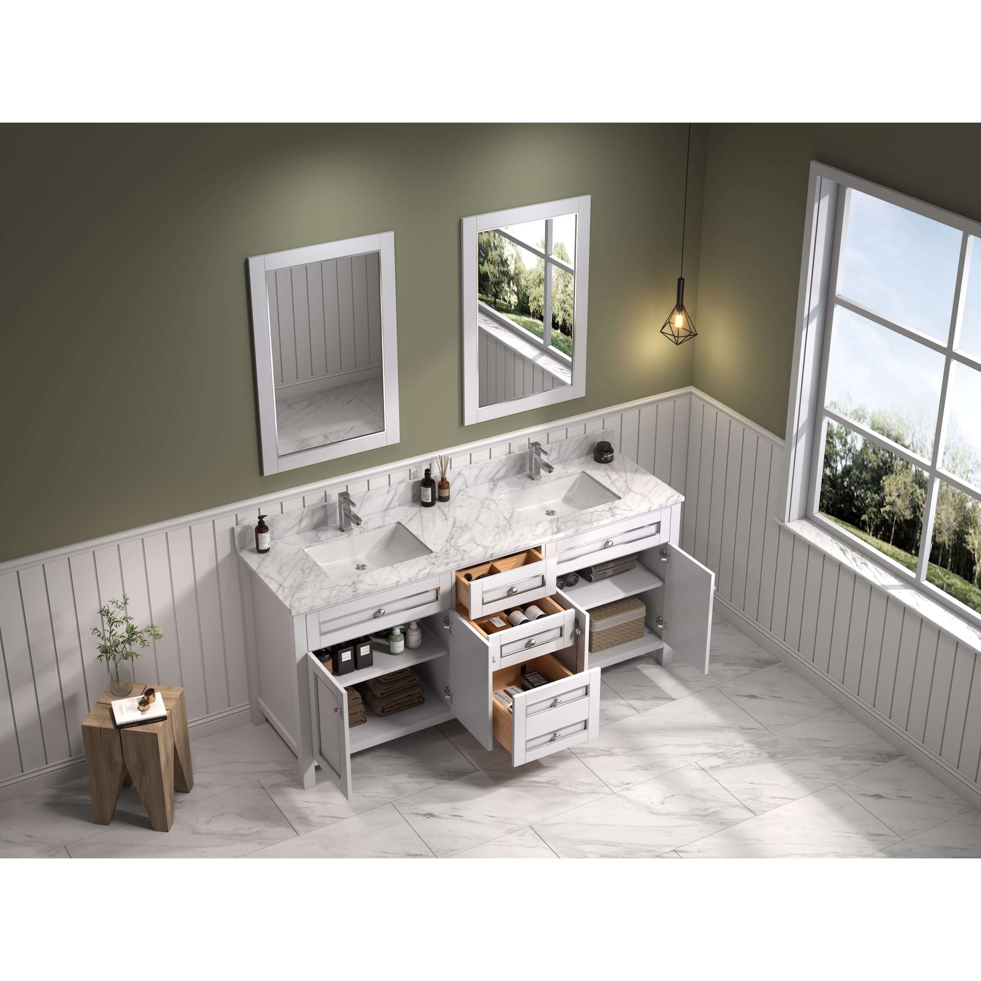 72" White Finish Double Sink Vanity Cabinet With Carrara White Top - WV2272-W