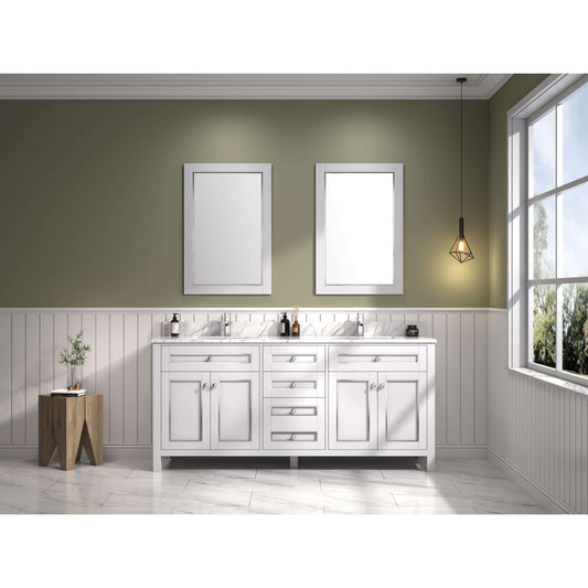 72" White Finish Double Sink Vanity Cabinet With Carrara White Top - WV2272-W