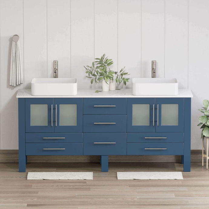 71 Inch Blue Wood and Porcelain Vessel Sink Double Vanity Set - 8119XLS-BN