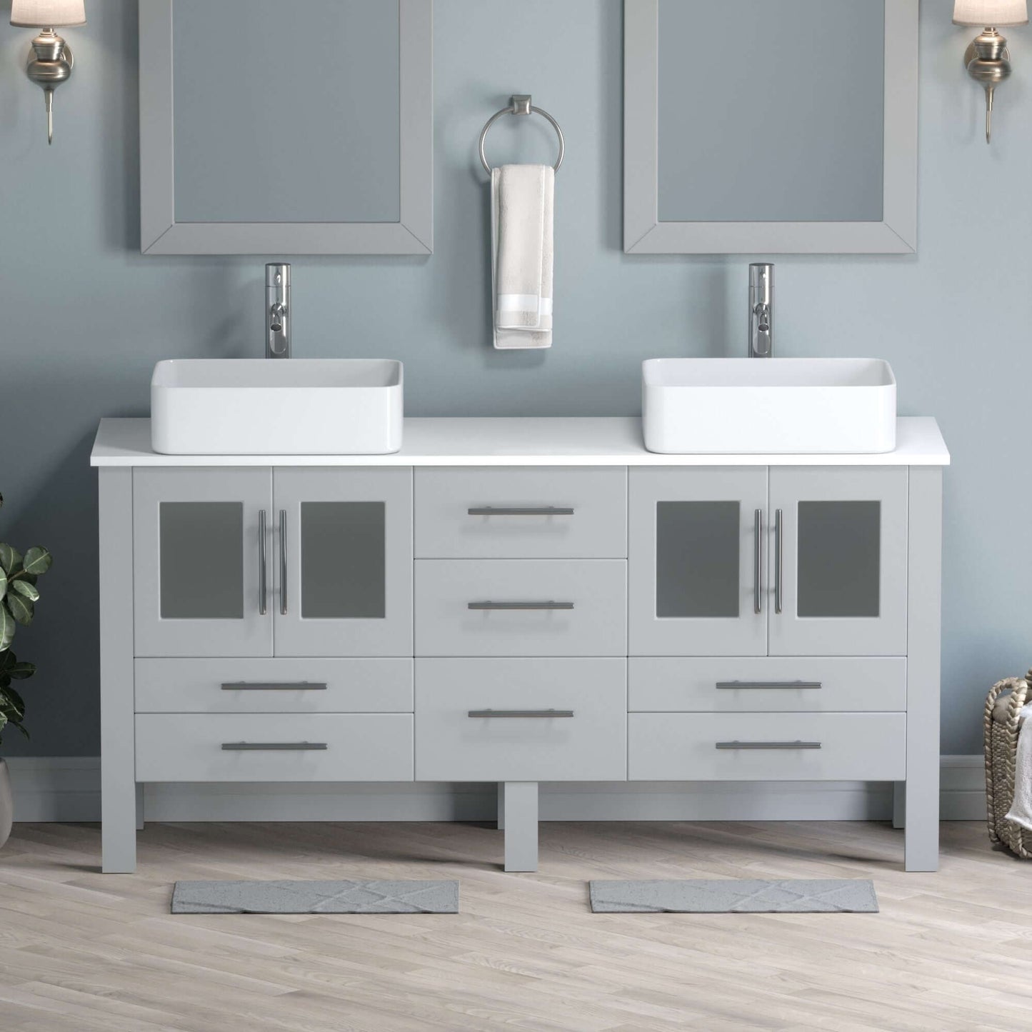 63 Inch Grey Wood and Porcelain Vessel Sink Double Vanity Set - 8119G