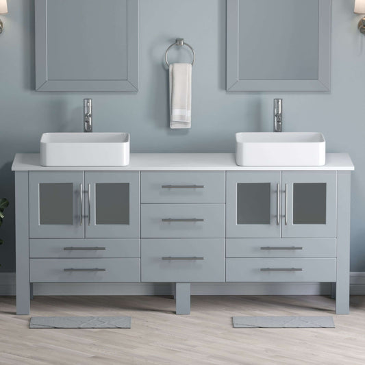 71 Inch Grey Wood and Porcelain Vessel Sink Double Vanity Set - 8119XLG