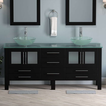 71 Inch Espresso Wood and Glass Vessel Sink Double Vanity Set - 8119bxl