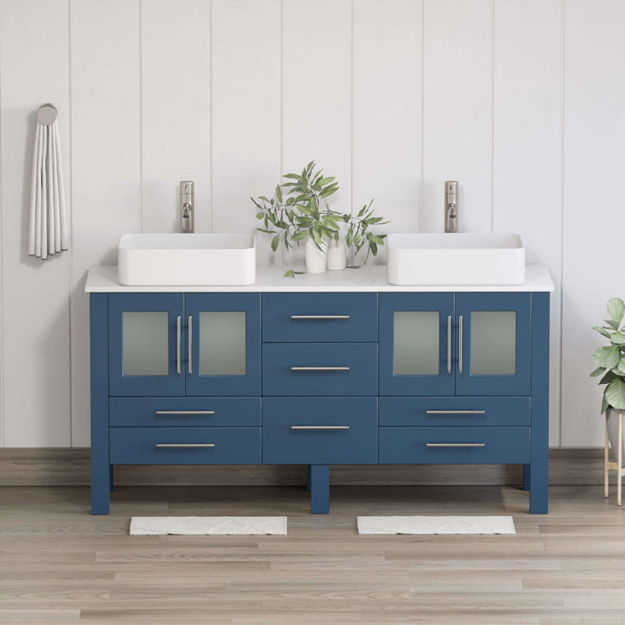 63 Inch Modern Wood and Porcelain Vanity with Brushed Nickel Plumbing - 8119S-BN