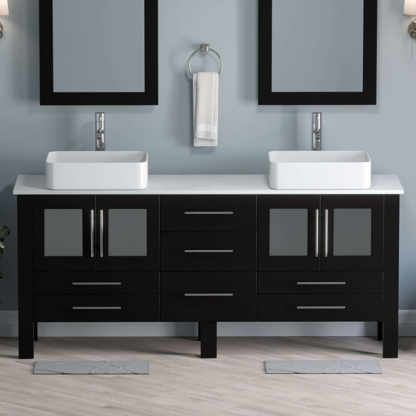 71 Inch Espresso Wood and Porcelain Vessel Sink Double Vanity Set - 8119xl