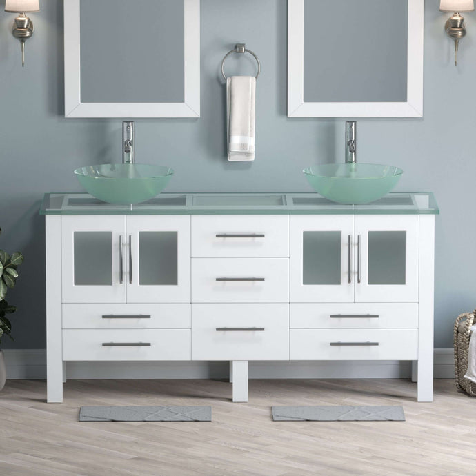 63 Inch White Wood and Glass Vessel Sink Double Vanity Set - 8119BW