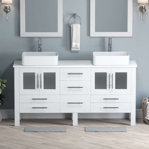 63 Inch White Wood and Porcelain Vessel Sink Double Vanity Set - 8119w