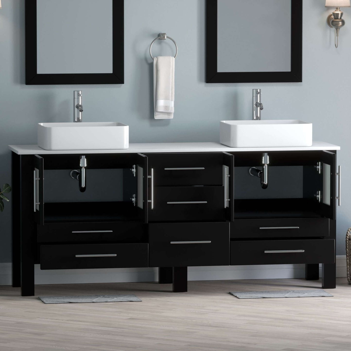 71 Inch Espresso Wood and Porcelain Vessel Sink Double Vanity Set - 8119xl