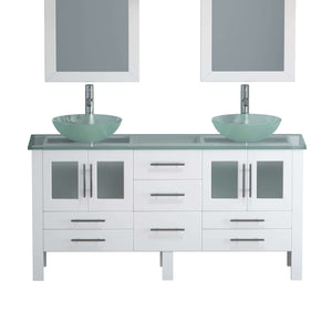 63 Inch White Wood and Glass Vessel Sink Double Vanity Set - 8119BW