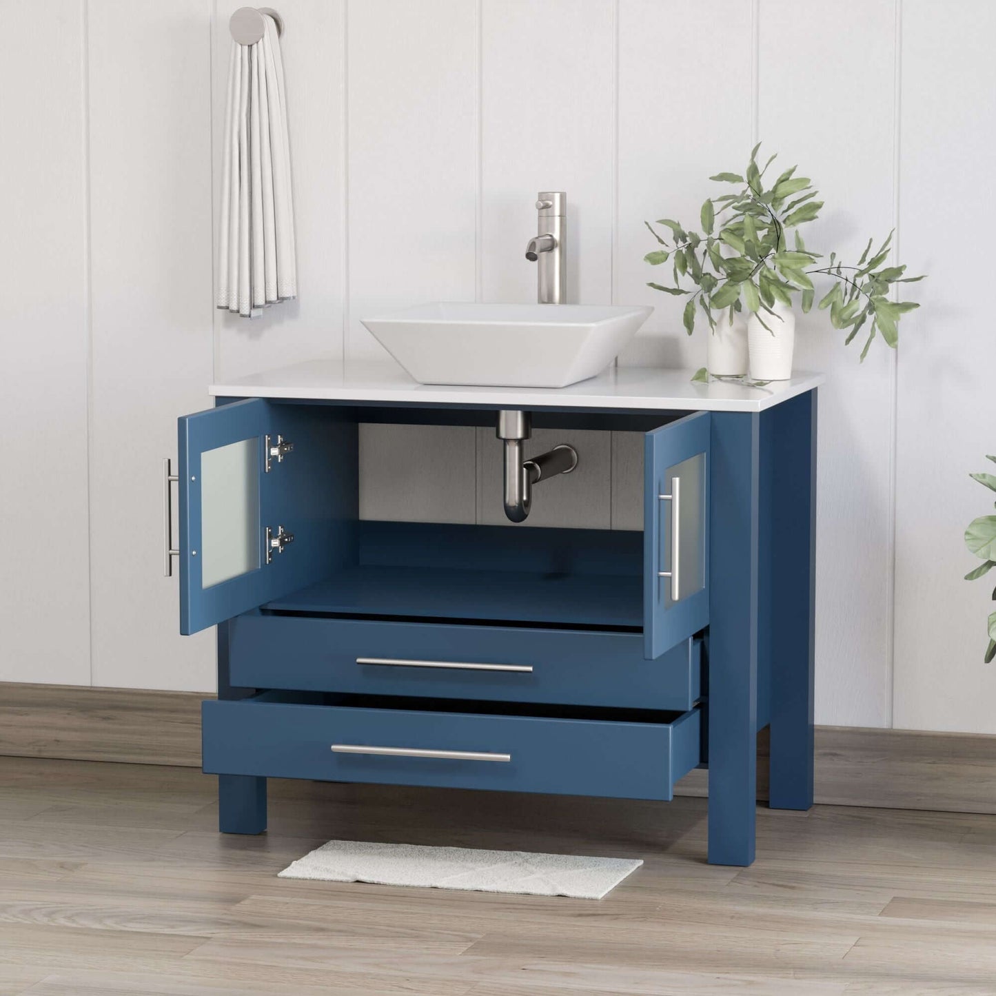 36 Inch Modern Wood and Porcelain Vanity with Brushed Nickel Plumbing - 8111S-BN