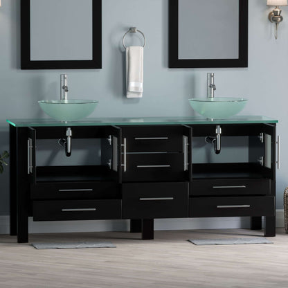 71 Inch Espresso Wood and Glass Vessel Sink Double Vanity Set - 8119bxl