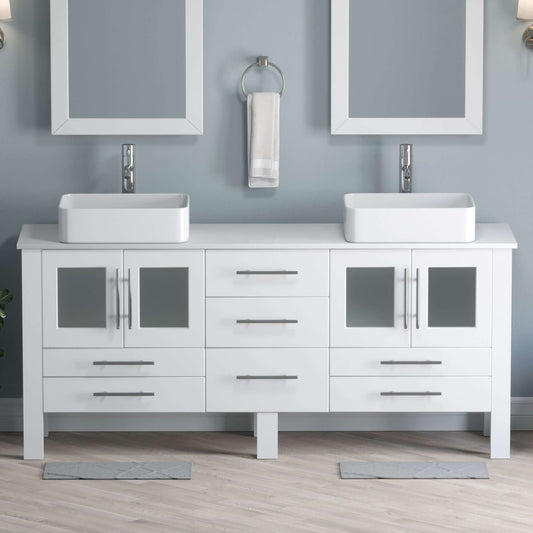 71 Inch White Wood and Porcelain Vessel Sink Double Vanity Set - 8119XLW